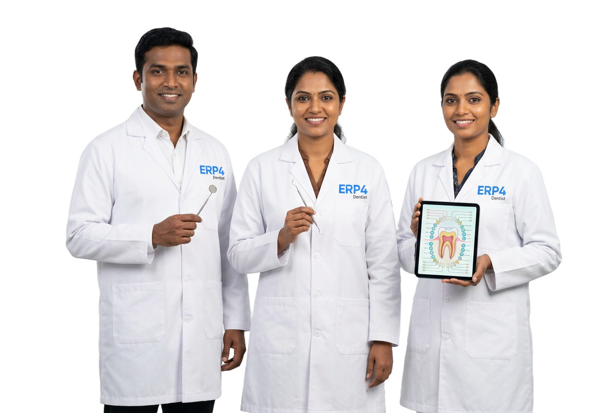 Team of South Indian dentists in ERP4Dentist branded coats holding dental tools and a tablet showing a dental chart